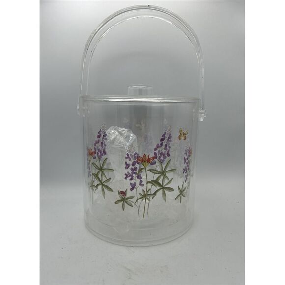 Vintage Lucite Acrylic Ice Bucket Lid Tongs‎ Bluebonnet Lupine flowers - Picture 3 of 4